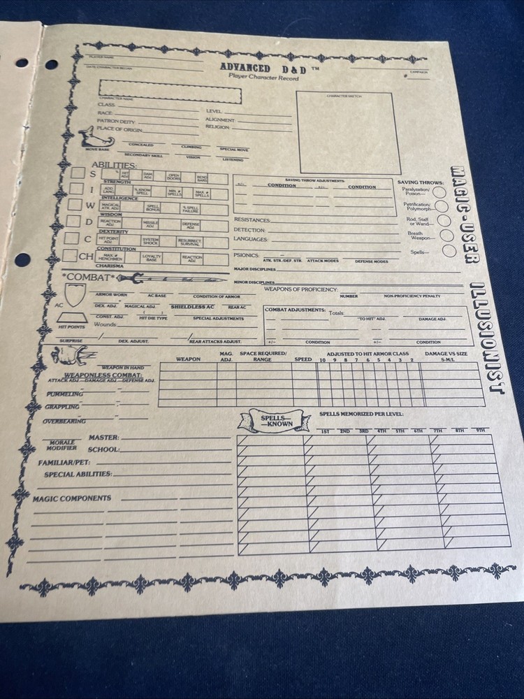 CLASSIC! AD&D Player Character Record Sheet Magic User Illusionist “UNUSED*