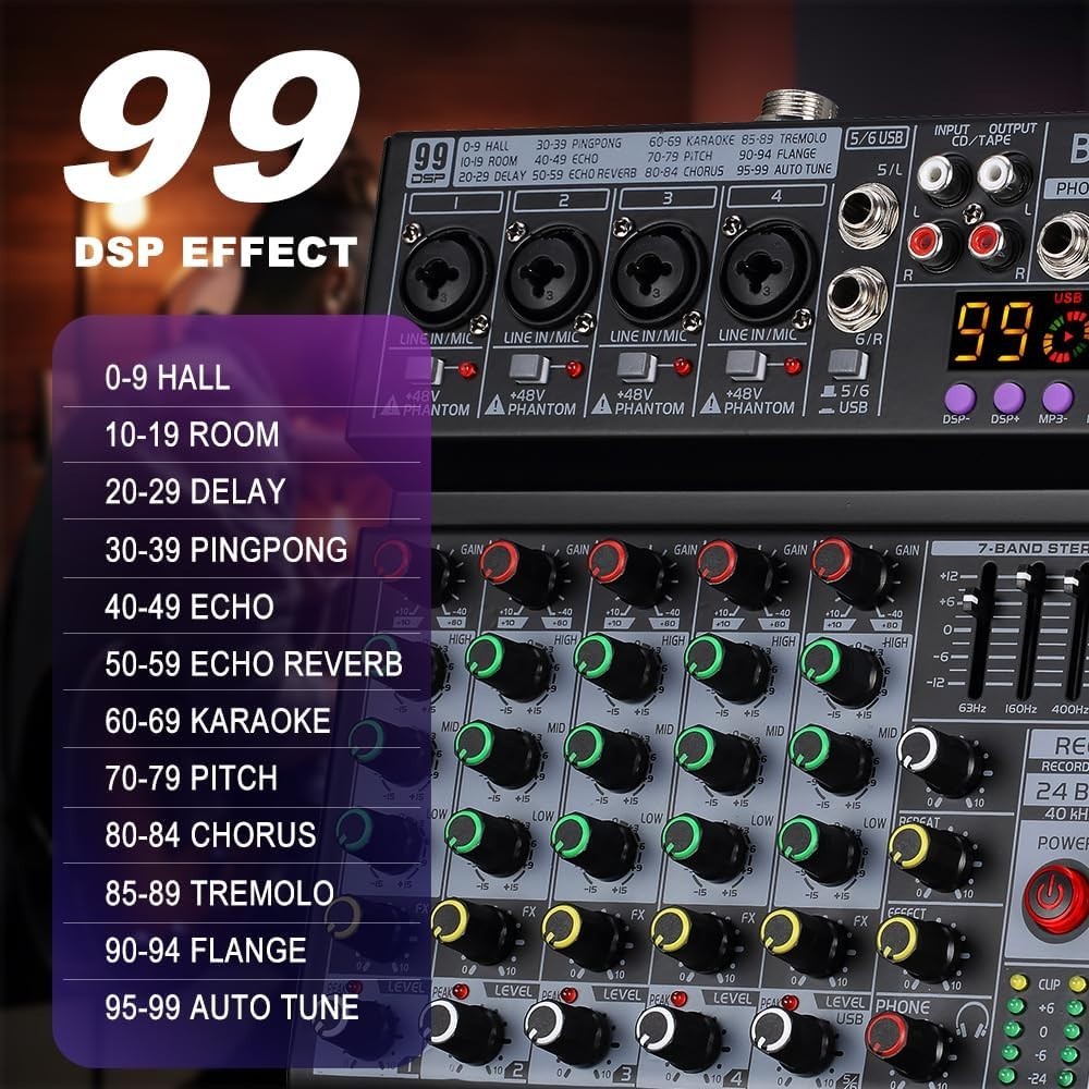 Compact DJ Mixing Console - 6 Channels, 99 DSP Effects & Independent EQ Control