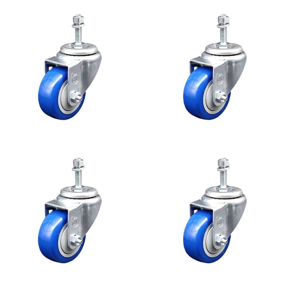 3 Inch SS Blue Polyurethane Wheel Swivel 3/8 Inch Threaded Stem Caster Set SCC