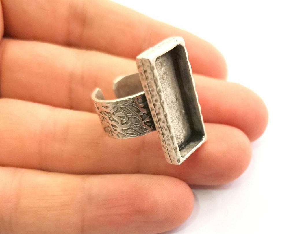 Hammered Ring Blank Base Bezel Setting Antique Silver Adjustable G18600