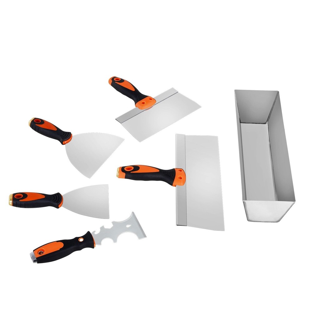 Home Drywall Tool Set: 6-Piece Stainless Scraper, Knives & Mud Pan