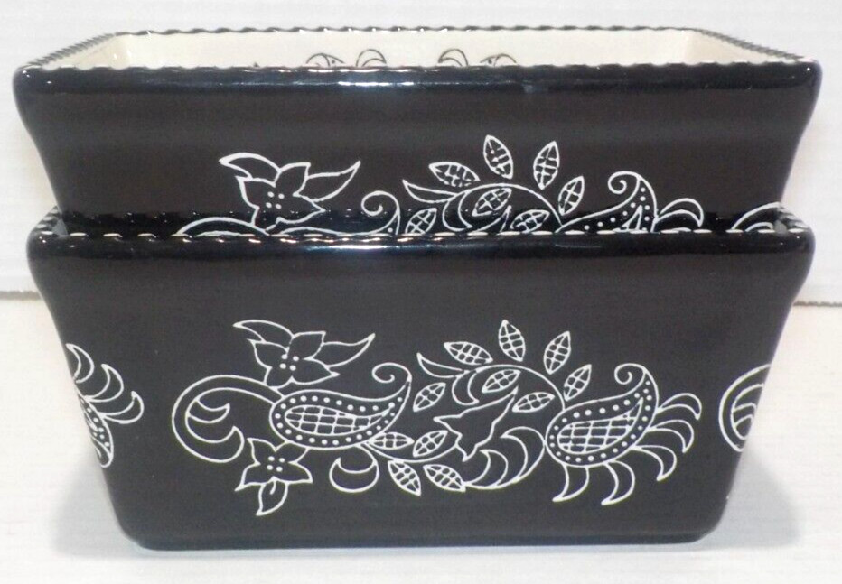 Lot 2 BAUM Small Rectangular LOAF Bakeware Dish Black White PAISLEY 6.5x4x3 *EUC