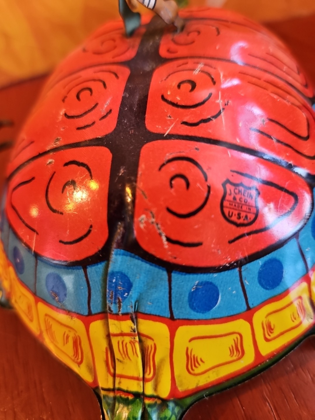 Vintage Antique Tin Toy Wind Up Chein Person Rides Giant Turtle Tortoise Display