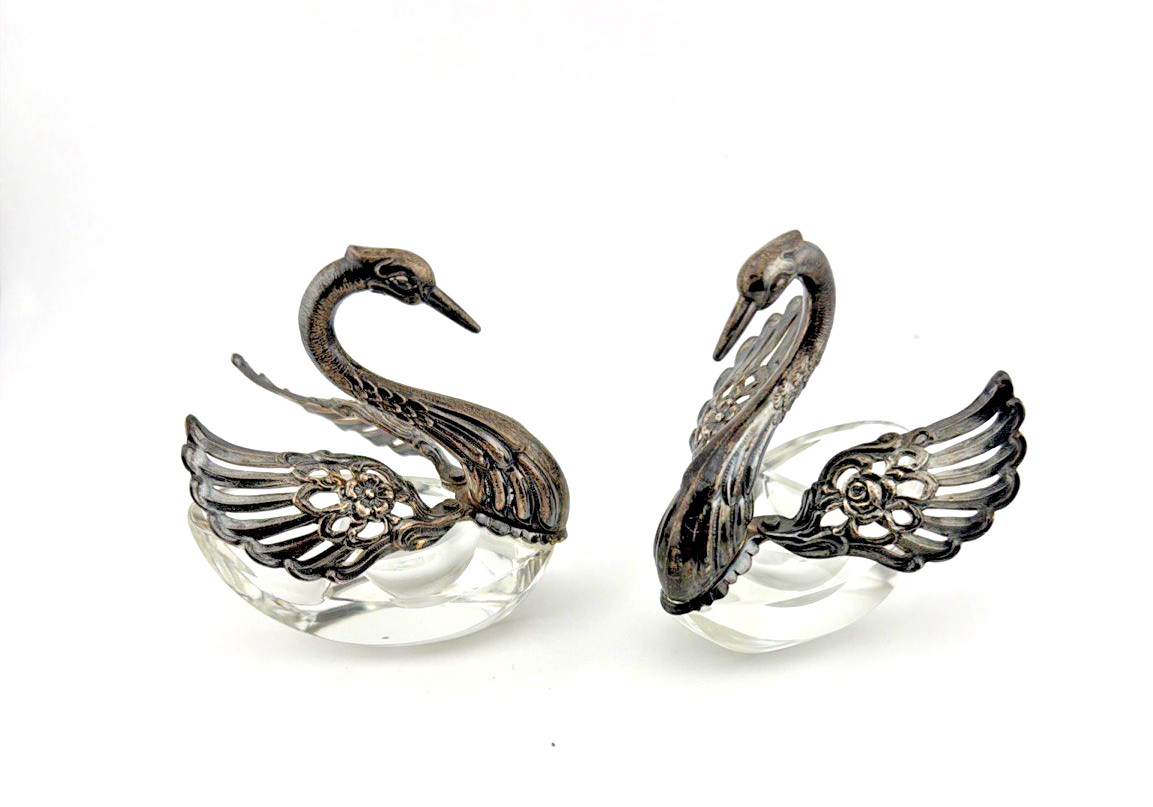 Pair Vintage Sterling Silver and Glass Table Salt Swans R Sterling West Germany