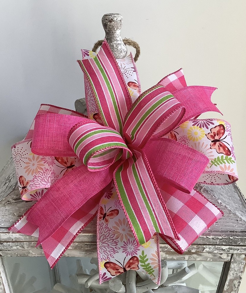 10" Whimsical Easter Wreath Bow, Spring Lantern Bow - Handmade/ Butterflies