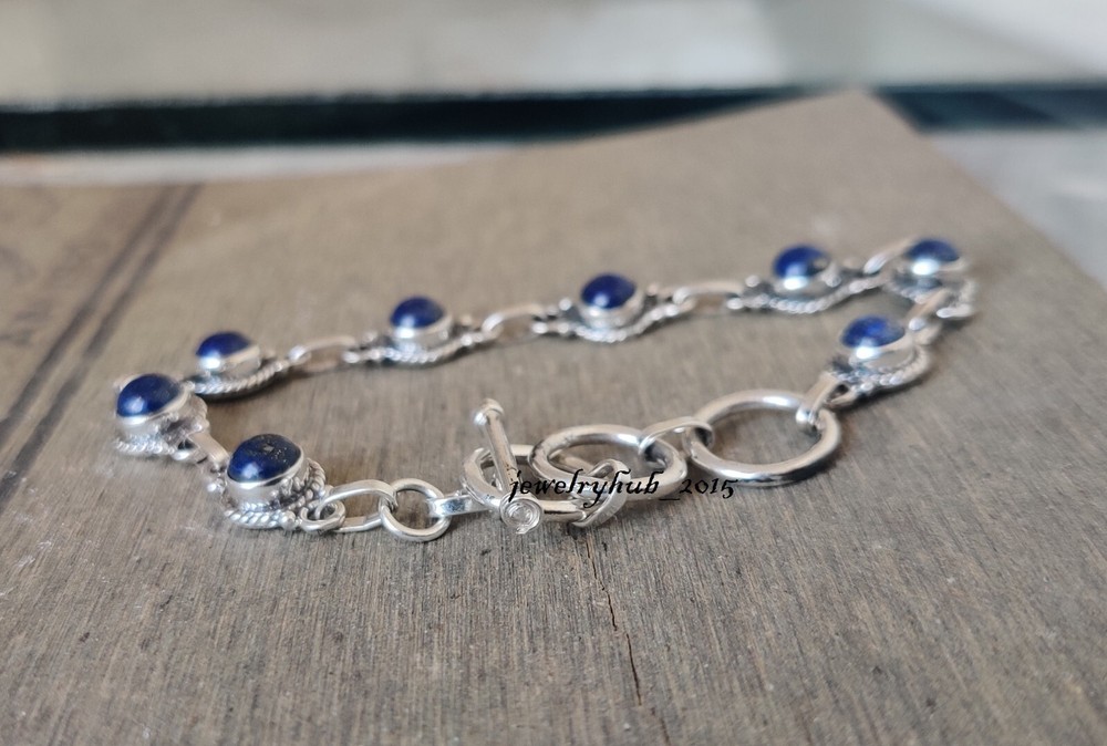 Lapis Lazuli Solid 925 Sterling Silver Round Gemstone Adjustable Bracelet SK1306