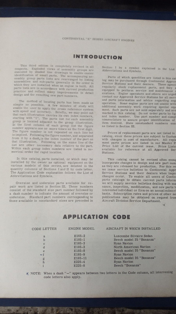 Continental E series aircraft engines models E165, E185, E225 parts catalog