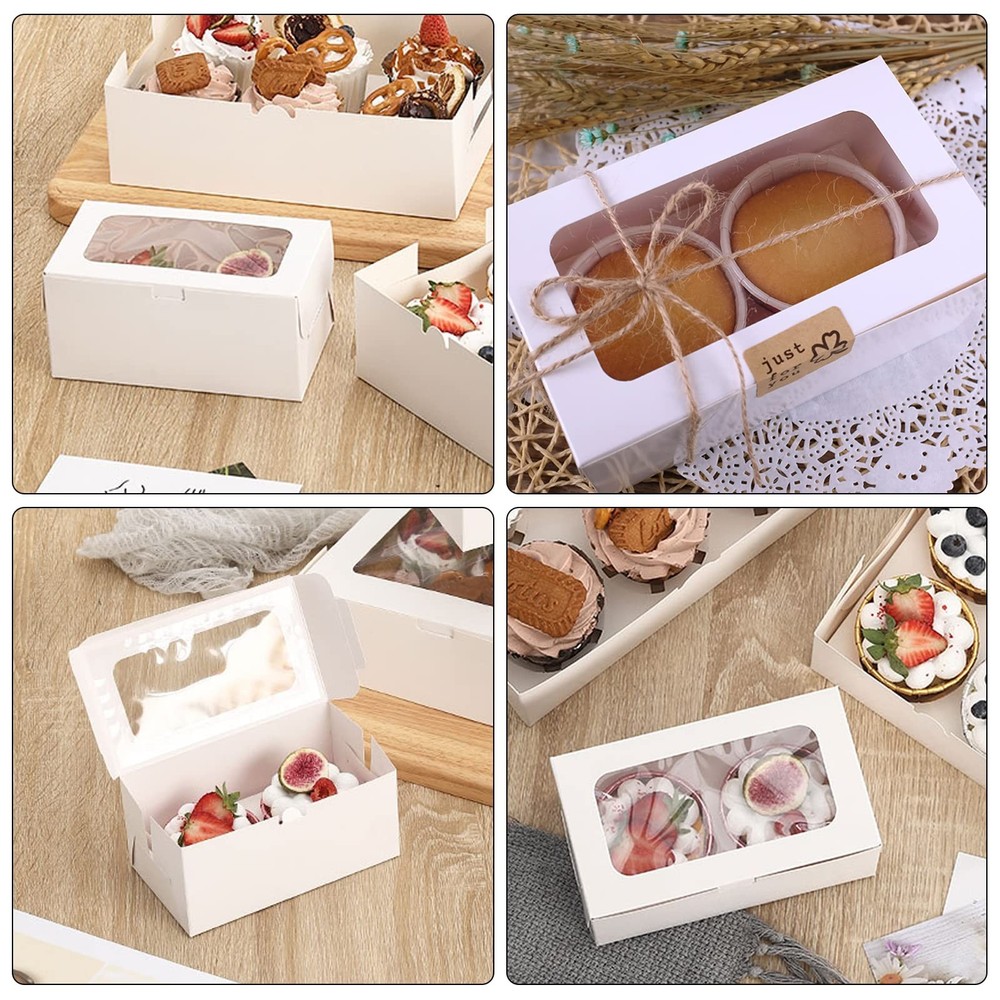 30 Pack White Paper Cupcake Boxes with 2 Cavity Cookie Gift Boxes with Clear ...
