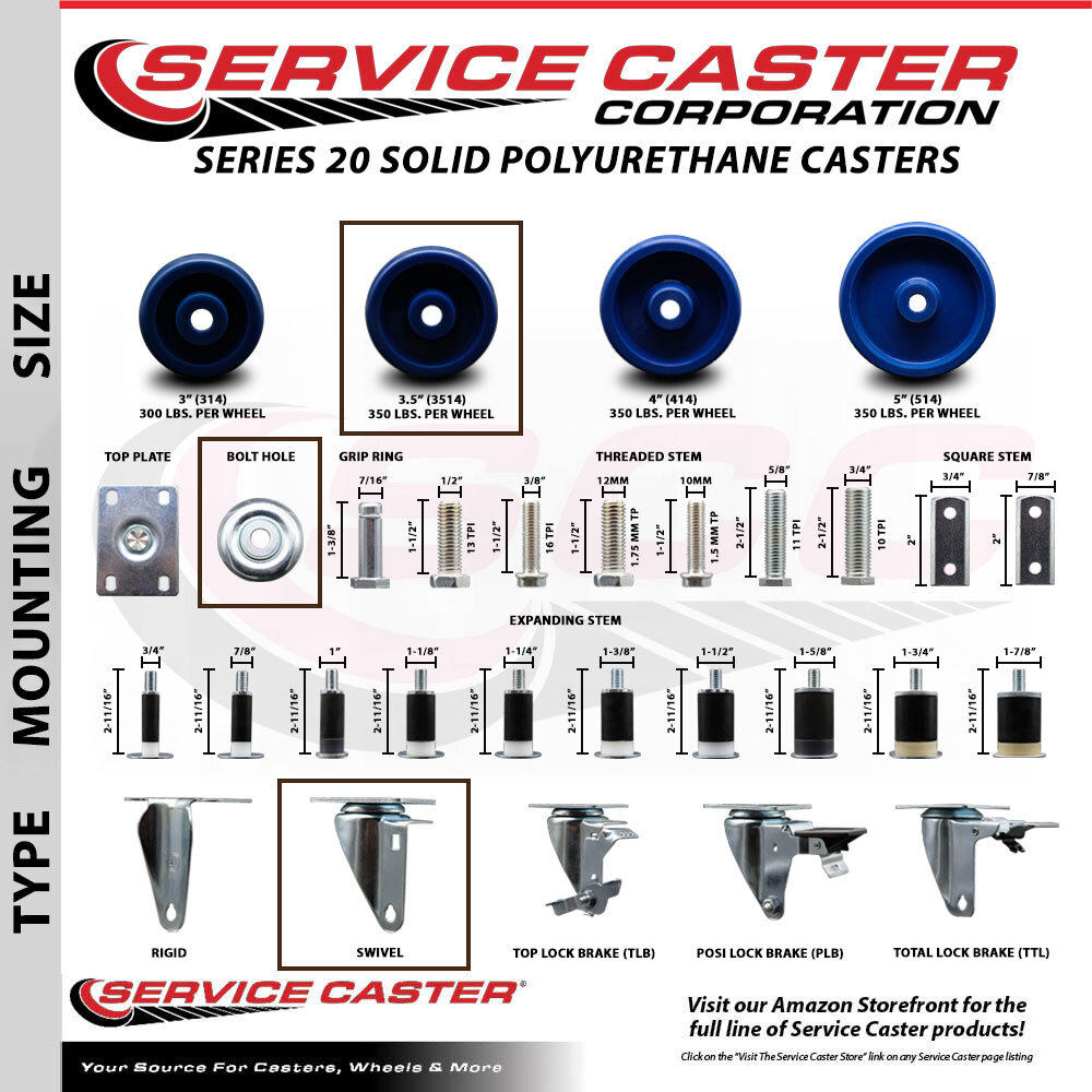 3.5 Inch 316SS Solid Polyurethane Wheel Swivel Bolt Hole Caster Set SCC