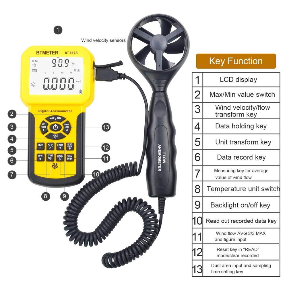 BT-856A Digital CFM Anemometer Measures Wind Speed Flow and Temperature Tester