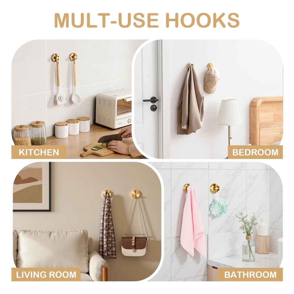 Gold Suction Cup Hooks for Shower Removable Bathroom Wall Hook, No Drill Hook...