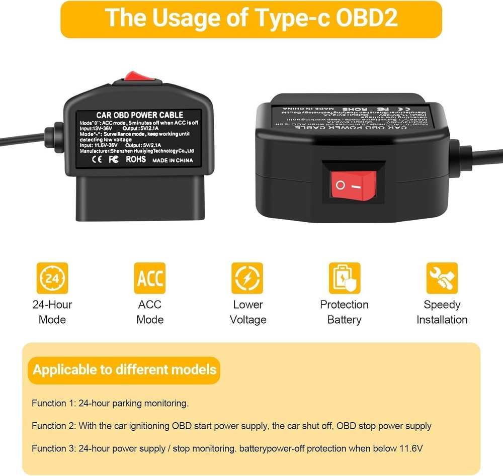 OBD Power Cable Power Cable for Dash Camera 24 Hours Surveillance/Acc Mode wi...