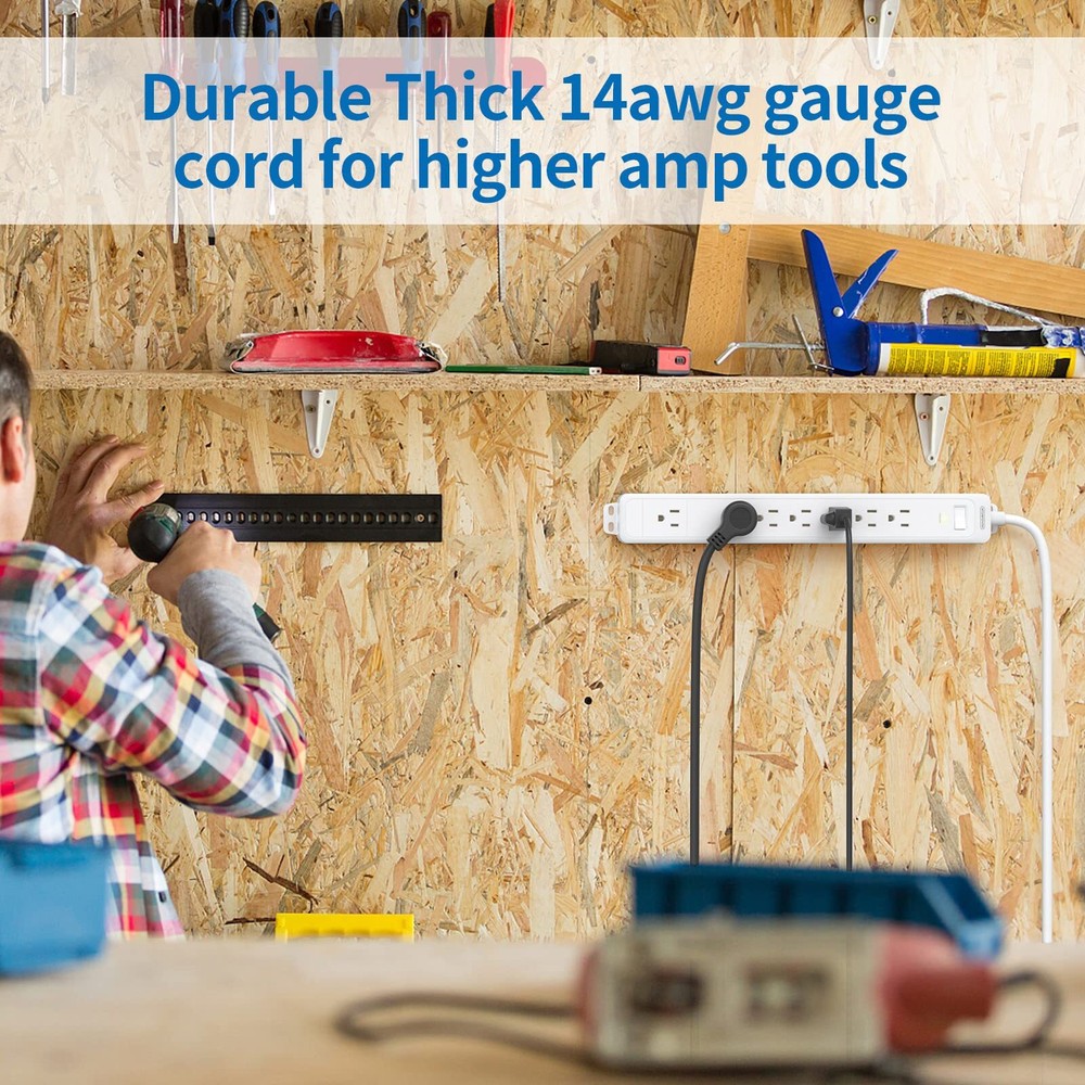 Surge Protector Power Strip 7 Outlets Flat Plug 15ft 1080J White