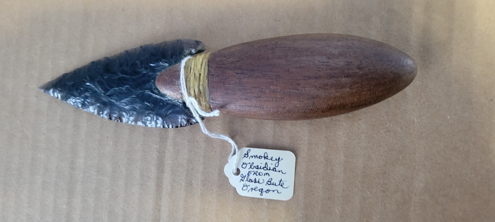 Native Amer.Smokey Obsidian Stone Knife Wood Handle Oregon Dbl. Edge Translucent