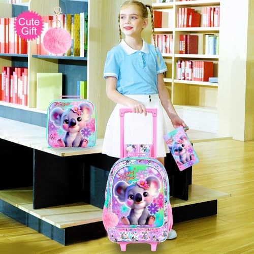 Rolling Backpack for Girls, Upgraded Uv Printing Pink Koala Rolling Backpack