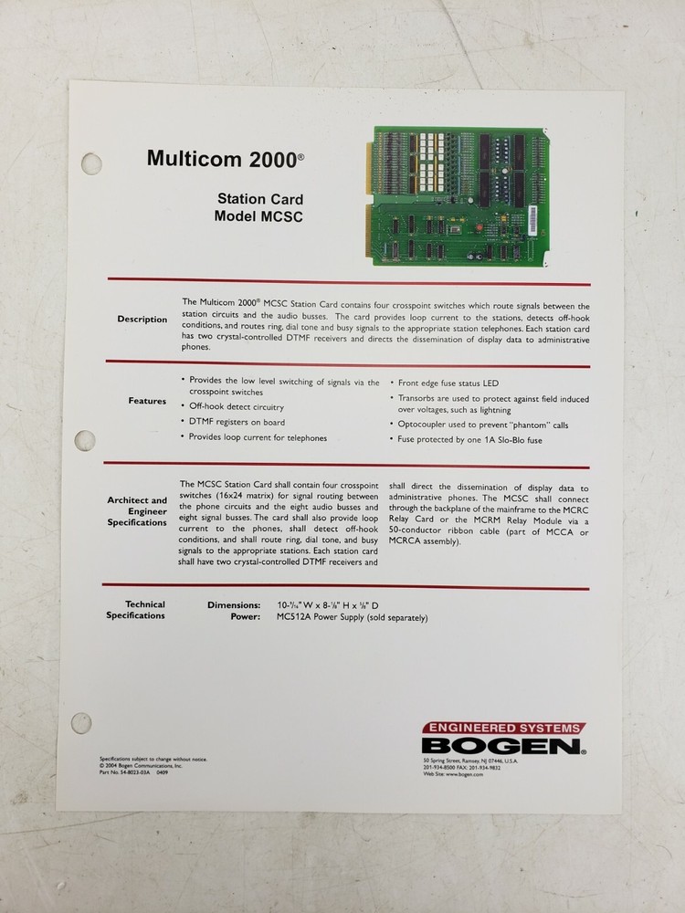 Bogen Multicom 2000 Station Card MCSC Intercom System Used AS IS #1