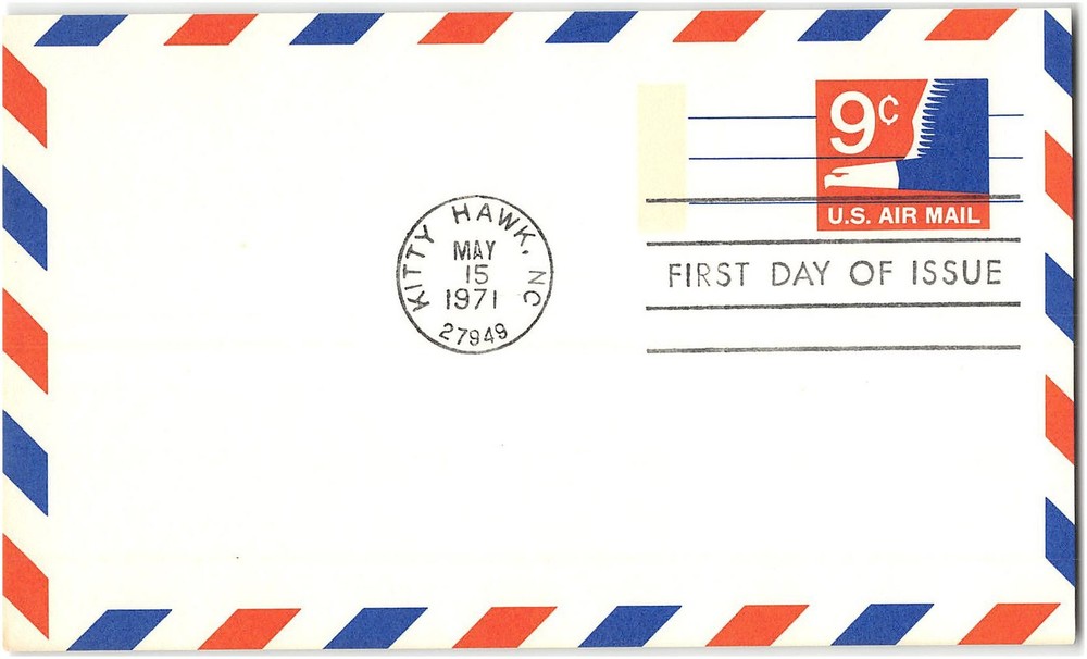 US #UXC10 First Day, 1971 Airmail, Postal Card, Kitty Hawk NC, 9c Eagle