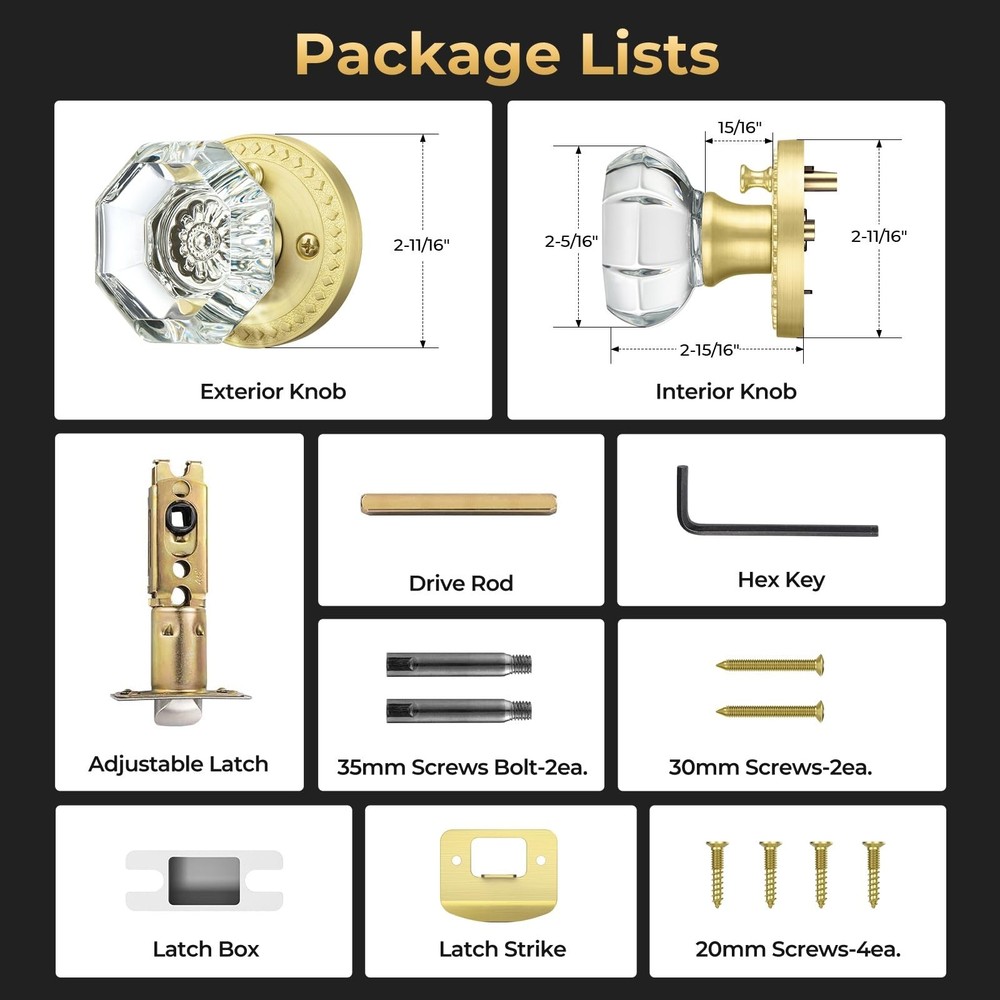 Glass Door Knobs with Lock, Gold Satin Brass Crystal Door Knobs Interior for ...