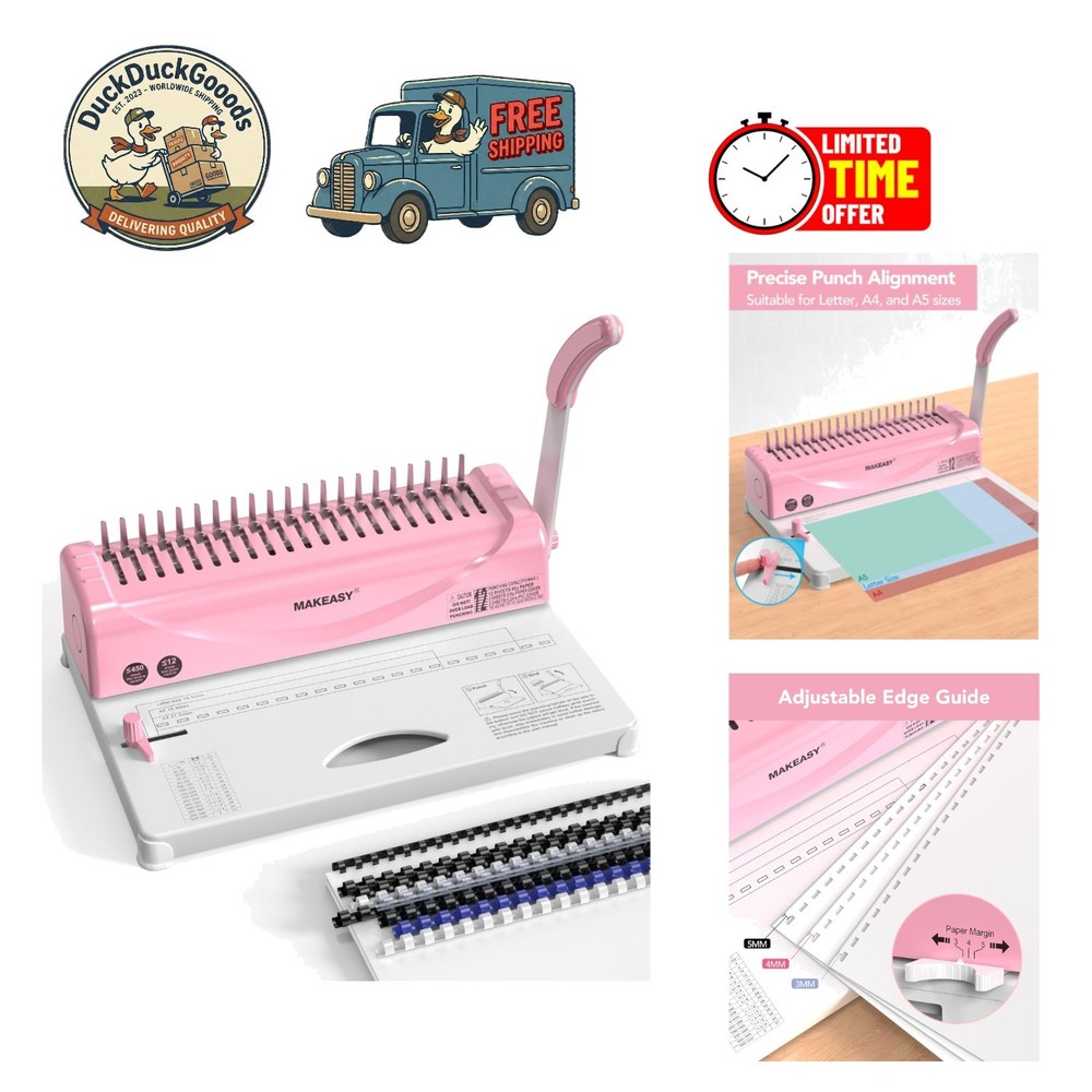 Durable Pink Comb Binding Machine for A4 and Letter Sizes - 400 Sheets Capacity