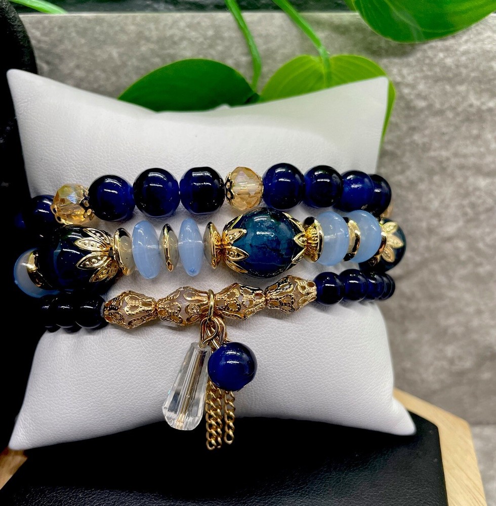 3 PC Handmade Boho  Beaded Stackable 6.5” Plus Stretch Bracelet Set New B1348