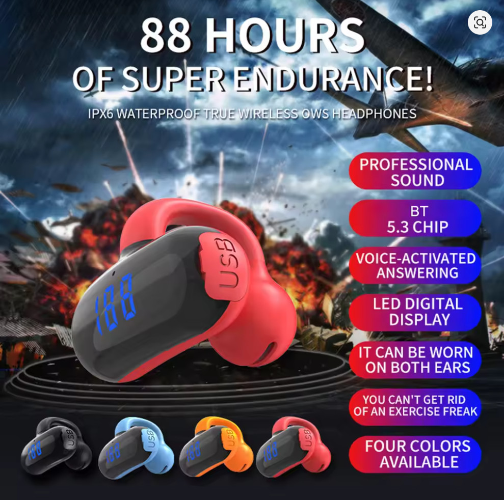 Bluetooth 5.3 Bone Conduction Open Ear Clip Earbud Waterproof Mic LED