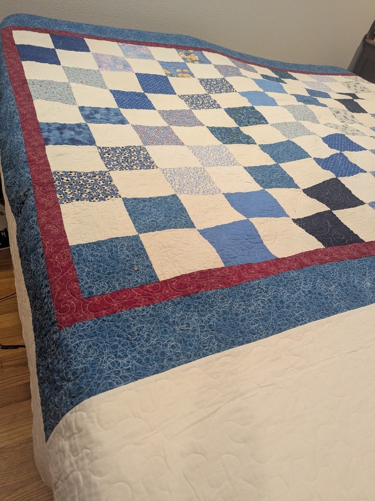 COUNTRY PATCHWORK QUILT King SZ BLUE WHITE Red 2 SIDED