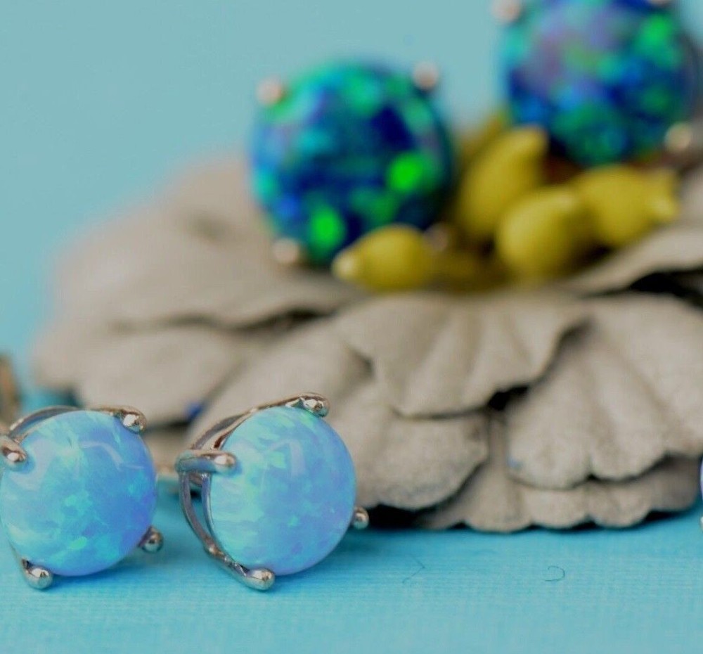 925 Sterling Silver Round Opal stud Earrings