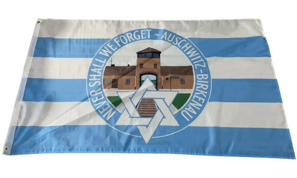 NEVER SHALL WE FORGET AUSCHWITZ-BIRKENAU COMMEMORATIVE FLAG
