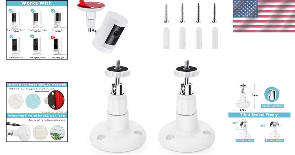 2-Pack Ring Camera Mounts with 360° Adjustability & No-Drill Installation