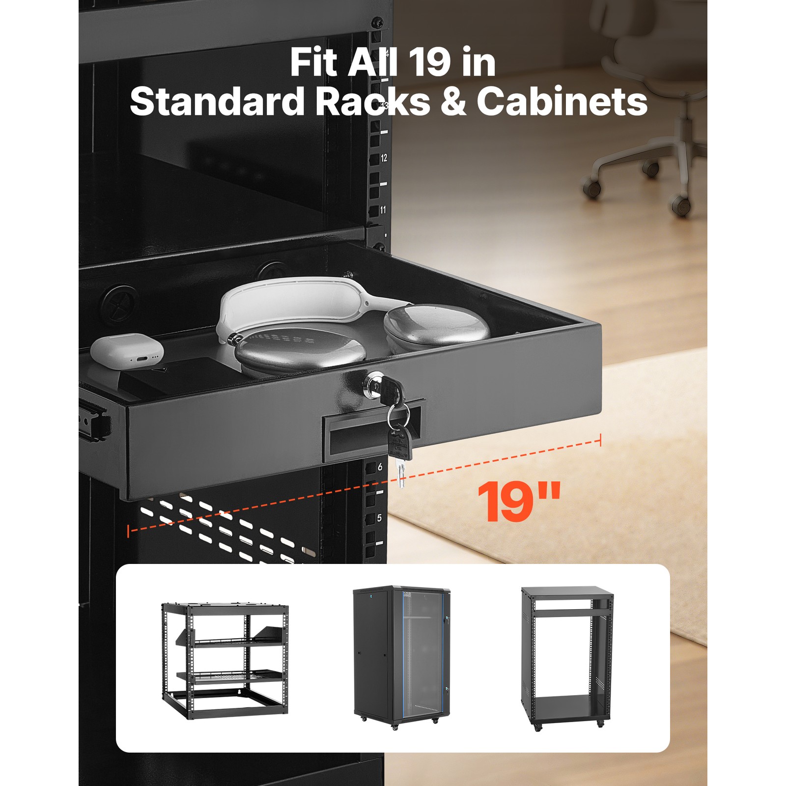 Uimoso 2U Rack Mount Drawer, Lockable, 50 lbs Capacity for 19-Inch Server Rack