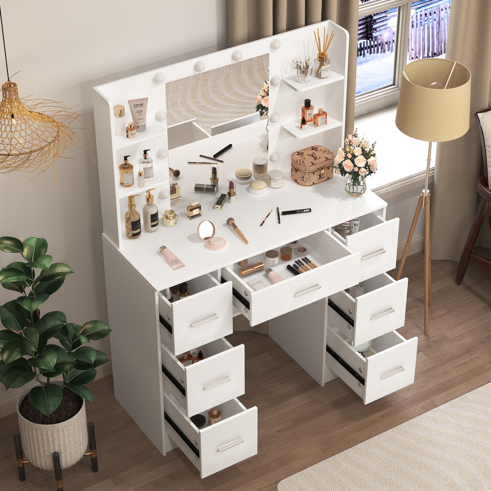 10 lights LED Mirror For Bedroom White Makeup Dressing Vanity Table For Gifts US