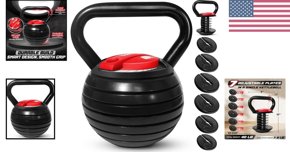 Adjustable Kettlebell Set 20-40 lb - Durable Cast Iron, Space-Saving Design