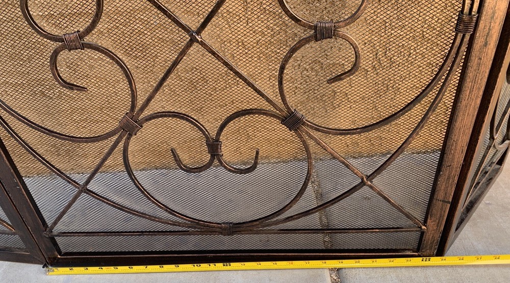 Copper Finish Fireplace Screen 3 Panel Mesh Folding Wrought Iron Arch Scrollwork