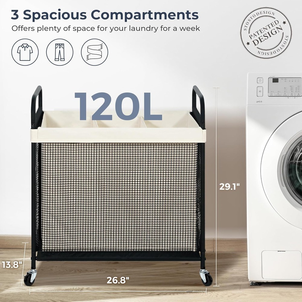 Laundry Hamper 3 Section 120L Rolling Laundry Sorter Cart W/ Removable &