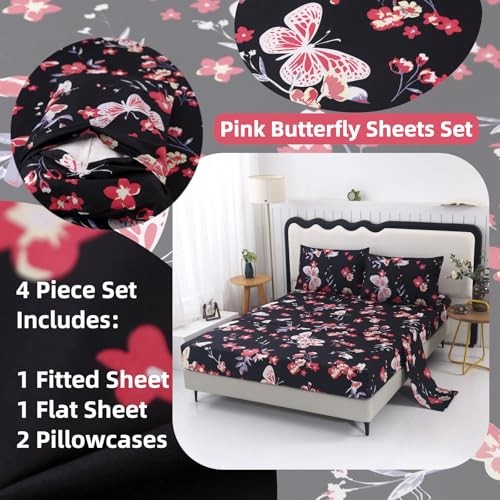 4PCS Sheets Set Soft Microfiber Butterfly Bed Sheets Pink Full Pink Butterfly