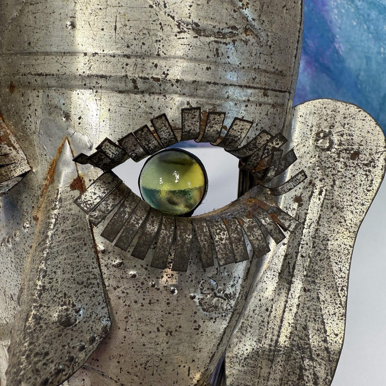 Mexican Tin Folk Art Face Mask Green Glass Eyes Wall Hanging Vintage Cultural