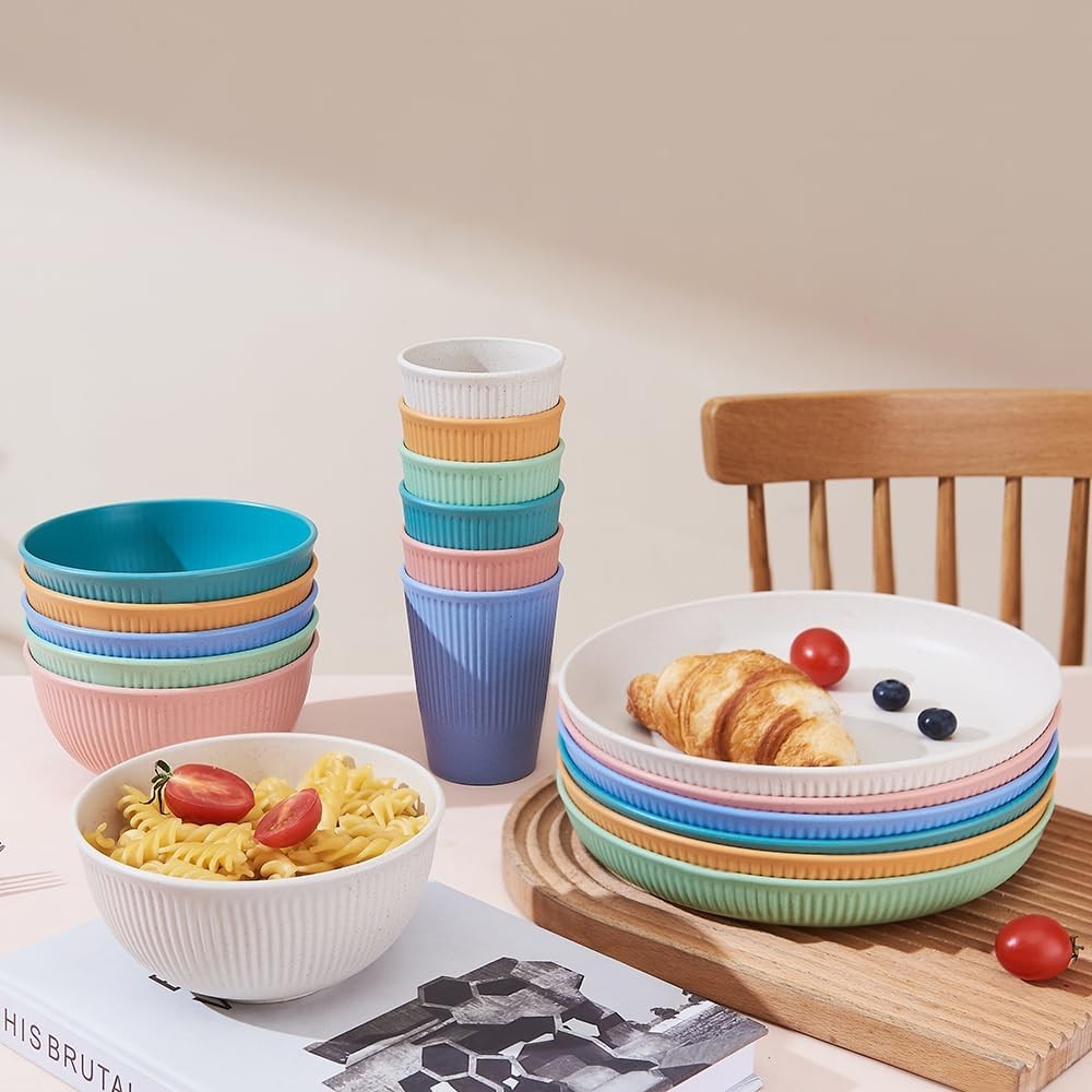 18pcs Wheat Straw Dinnerware Sets, HXYPN Unbreakable Reusable Multicolor