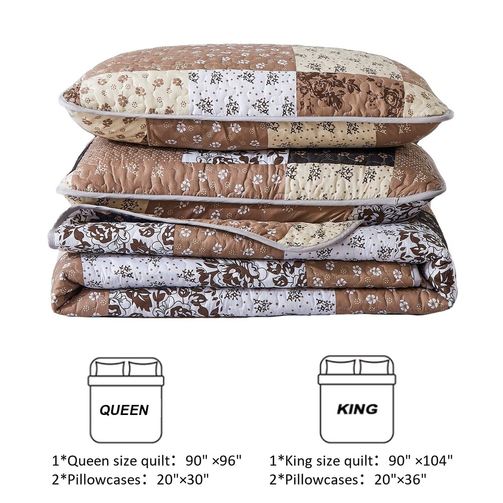 Patchwork Quilt Set Queen Size Brown Floral Lightweight Bedspread 3 Pcs