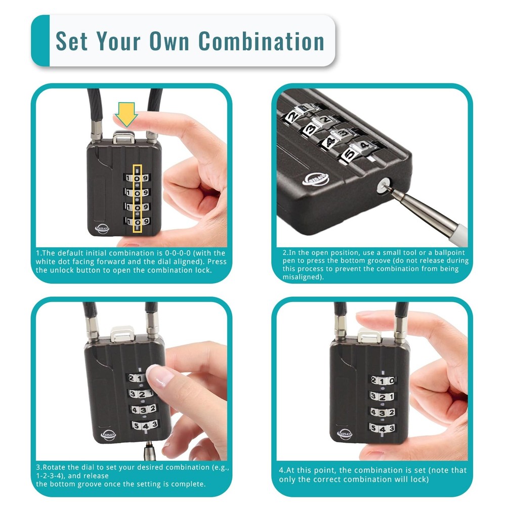 30CM/12in Long Cable Locks Cable 4-Digit Combination Lock Re-settable Combina...