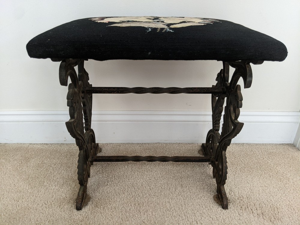 Victorian Floral Iris Needlepoint Bench Stool Ft. Bronzed Cast Iron Chimera Base