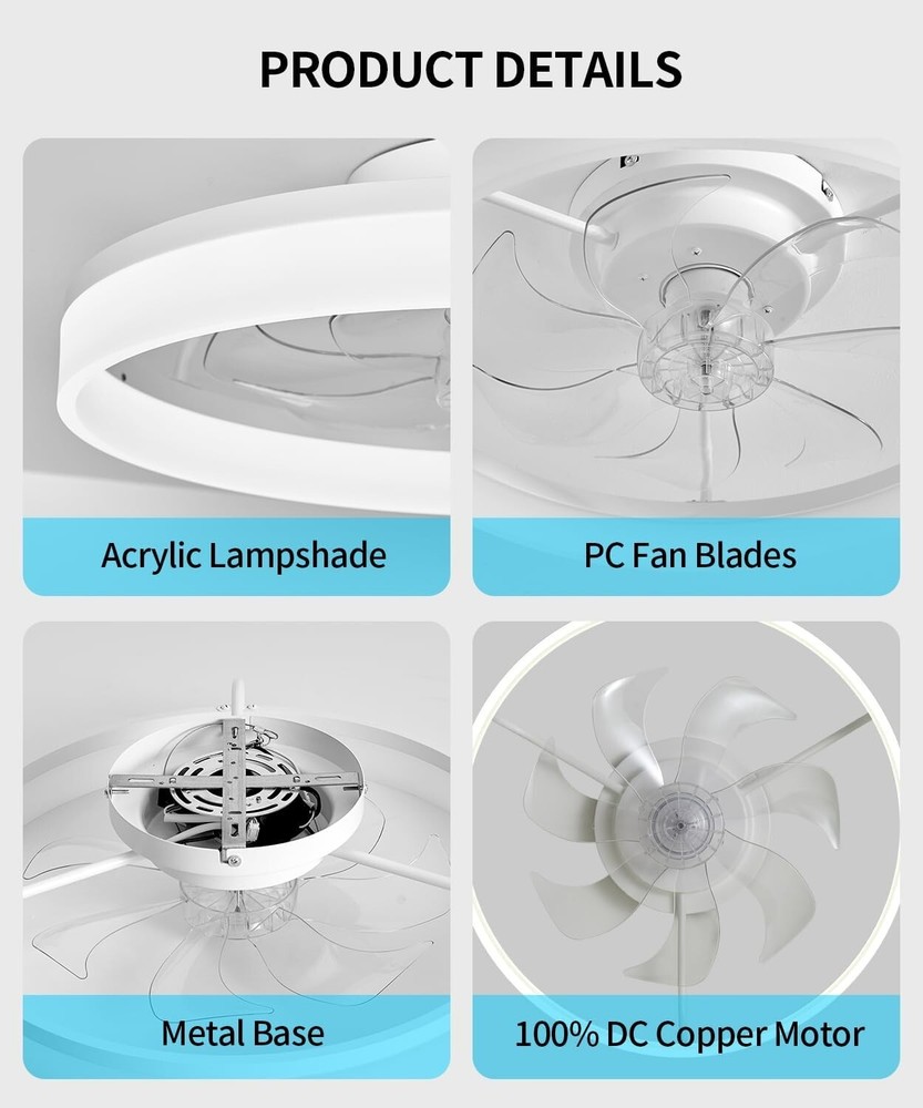 20" Modern Fan Lights Flush Mount LED Ceiling Light kit With Remote APP Control