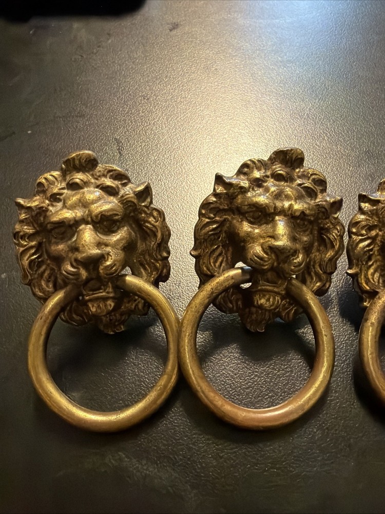 Antique Vintage Solid Brass Lions Lion's Head Knob Pull Drop Handle