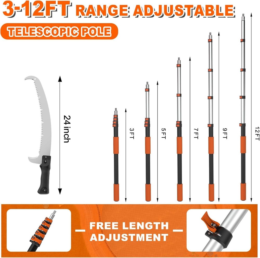 20FT Reach Pole Saw for Tree Trimming, Telescoping Tree Pruner Extendable with 3