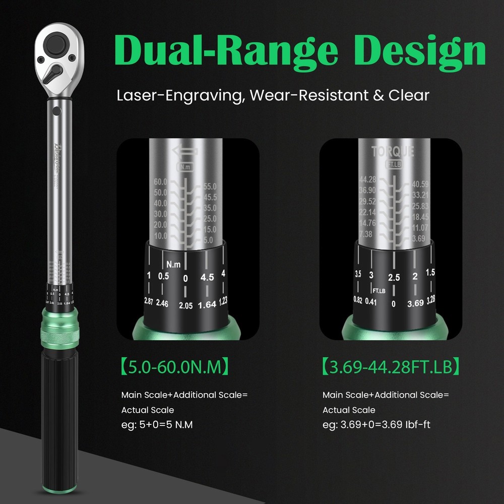 3/8'' Drive 5-60N.m Precise Double Scale Torque Wrench Set Bike Socket Spanner