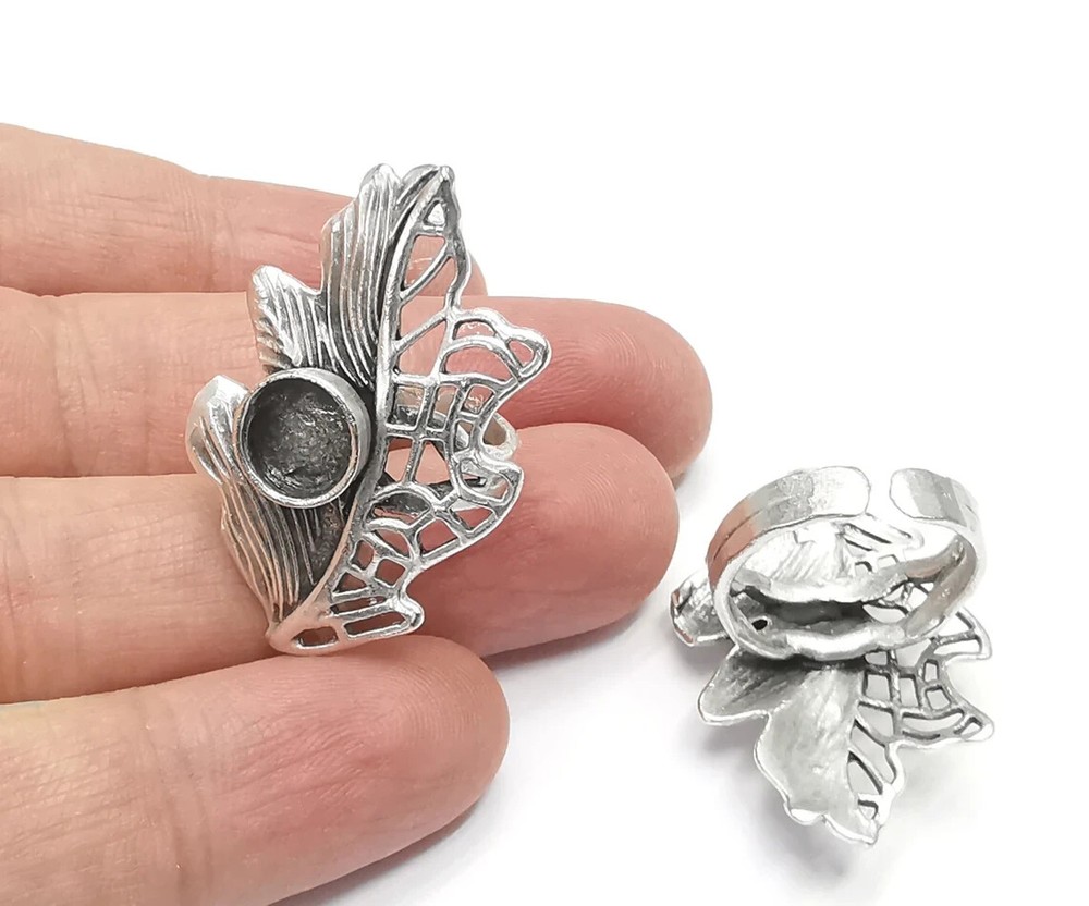 Leaf Leaves Silver Ring Setting Blank Cabochon Mounting Adjustable Base Bezel
