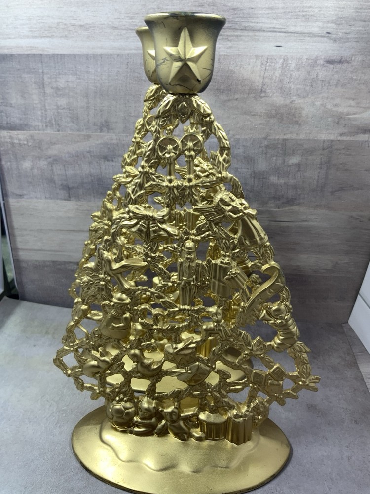 Vintage Pair Of Brass Gold Tone Christmas Tree Candle Holders Set Of 2 -10” Tall