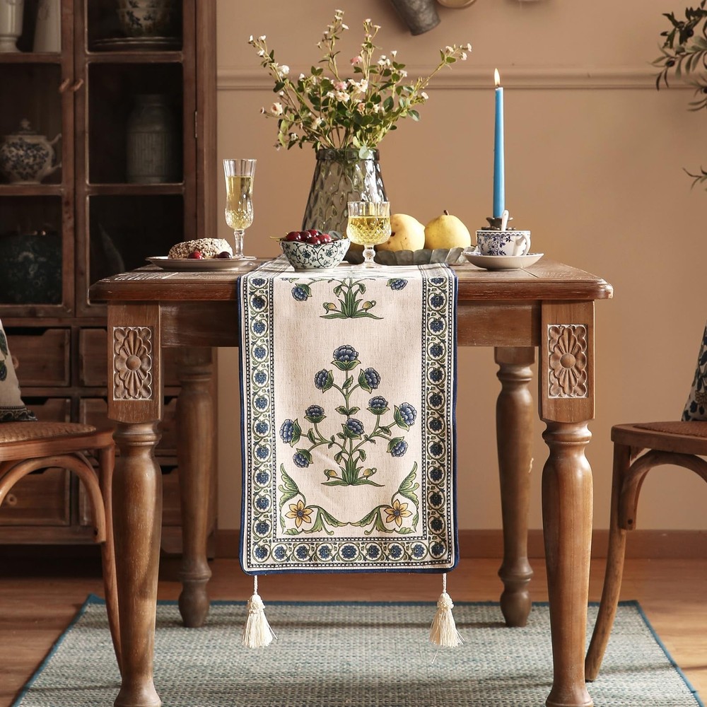 patdrea Designer Blue Rustic Elegant Floral Patterned Linen Table Runner 102 ...