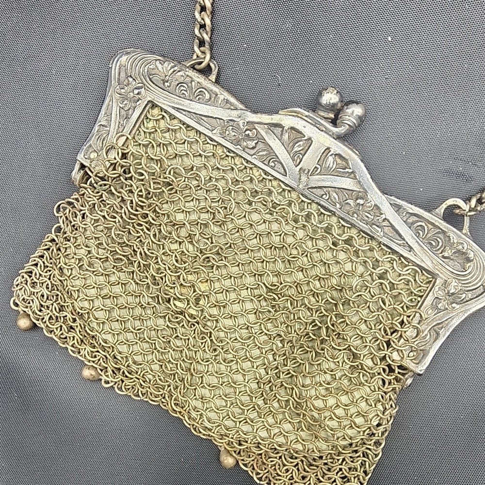 JPR German Silver Mesh Purse with Chain Handle and Ornate Frame