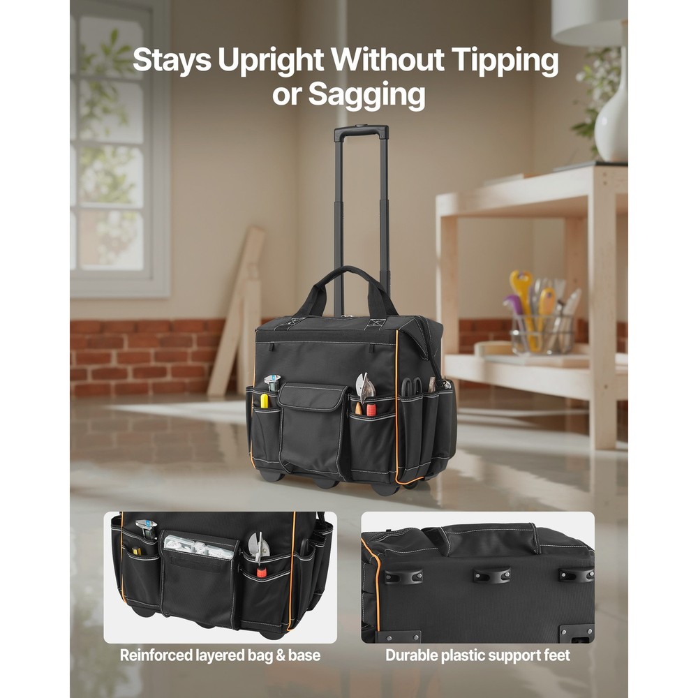 Rolling Tool Bag 25 Pockets Heavy Duty Roller Tool Bag Telescoping Handle