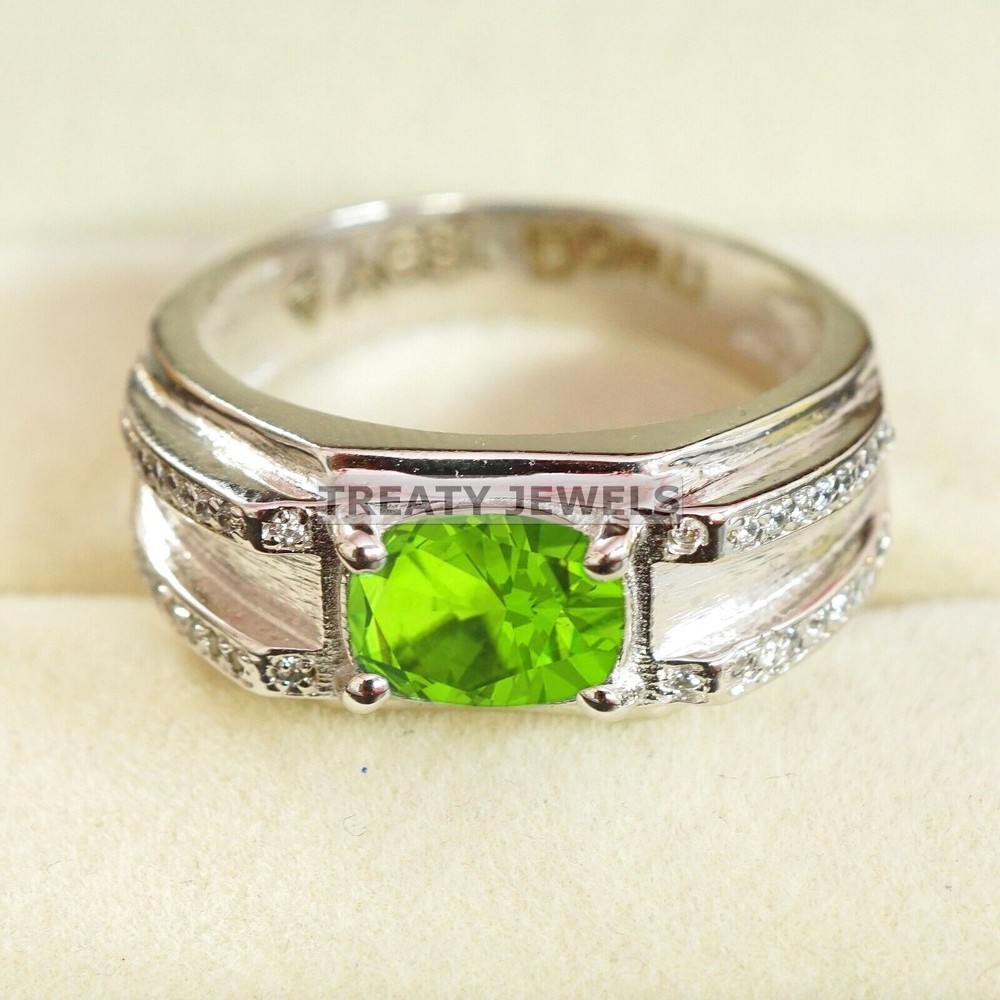Peridot Oval Cut Gemstone With 14K Solid White Gold Ring For Men's #B453